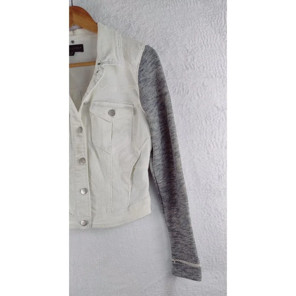 Jean Jacket by Tinseltown Denim Couture White Gray Sleeves Distressed High-Low S